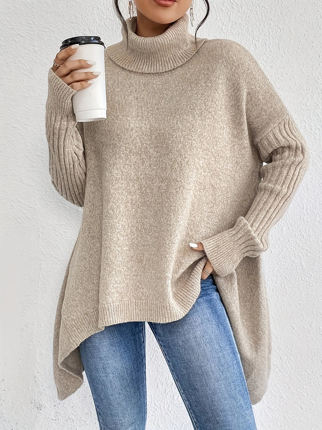 Vera | Oversized Asymmetric-Hem Turtleneck Batwing Knit Sweater