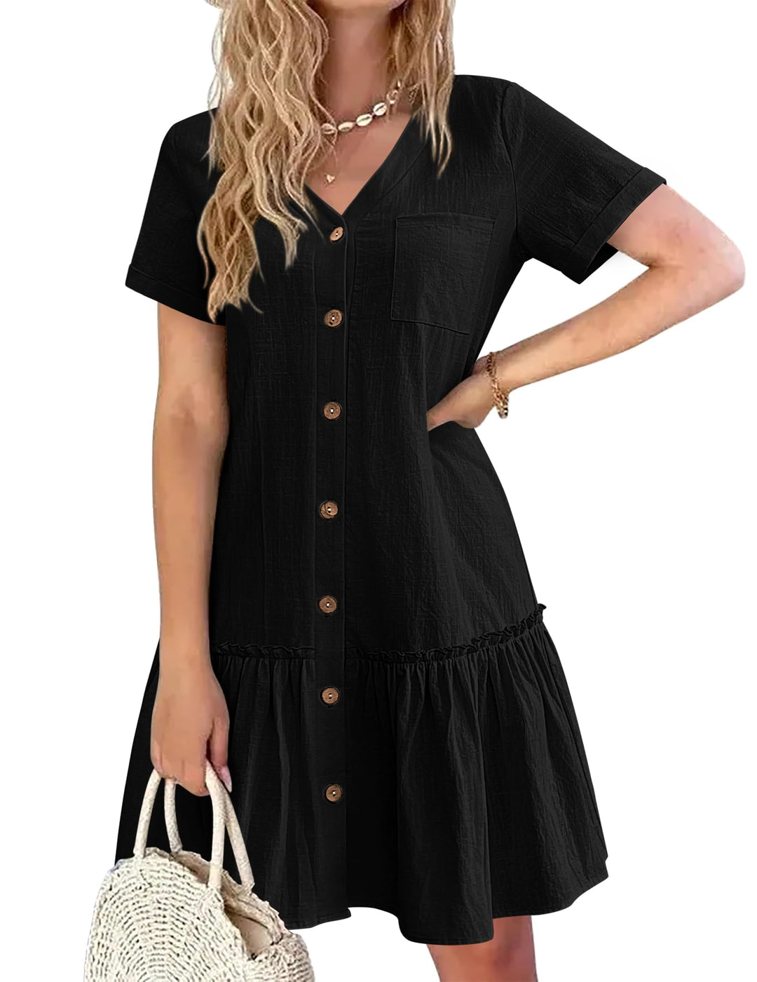 Daisy | Button-Front Frill-Hem Mini Dress