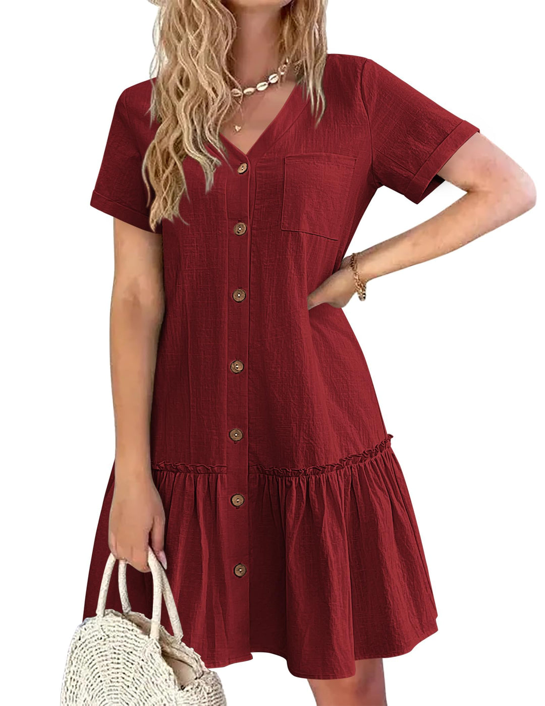 Daisy | Button-Front Frill-Hem Mini Dress