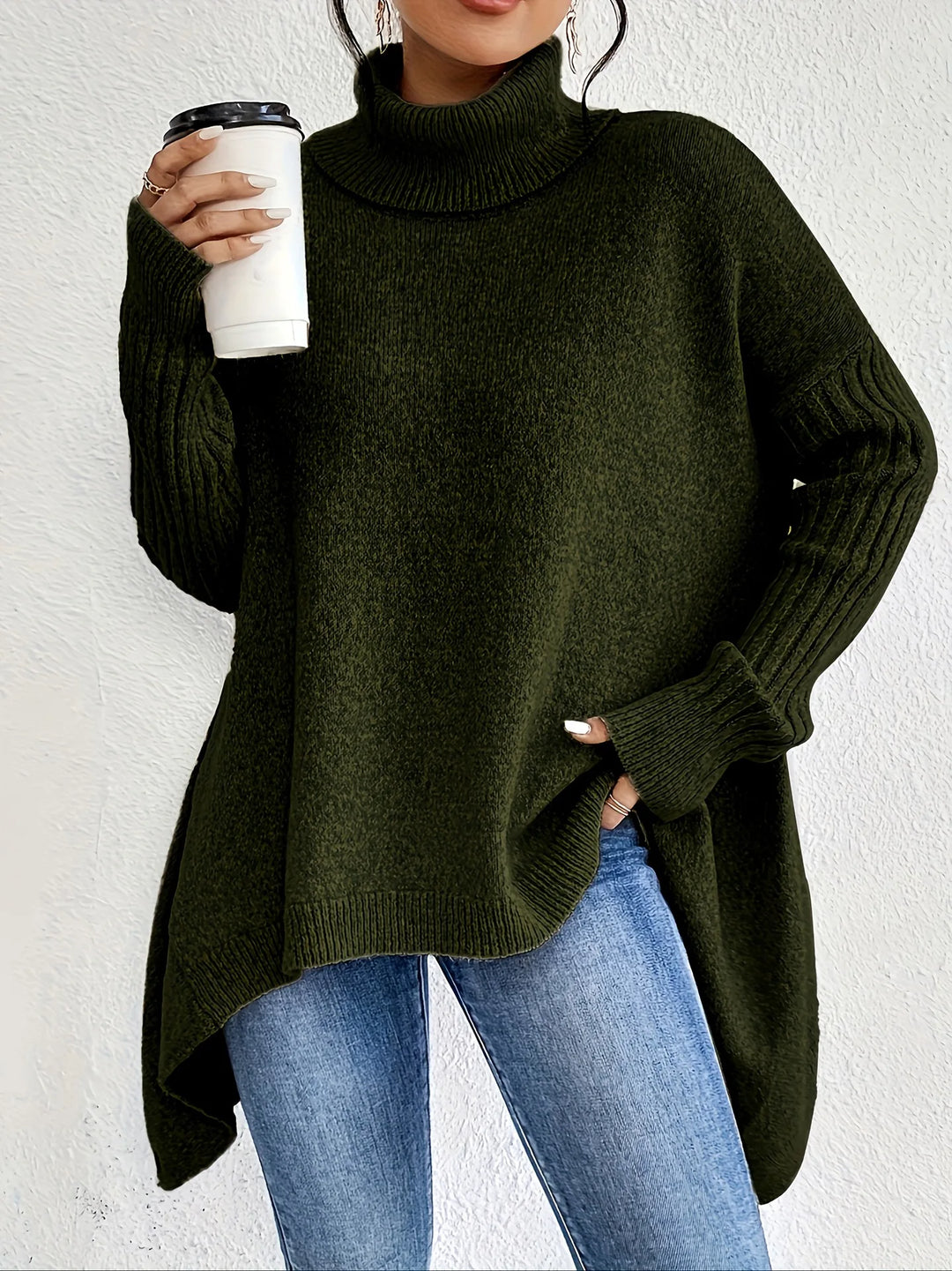 Vera | Oversized Asymmetric-Hem Turtleneck Batwing Knit Sweater