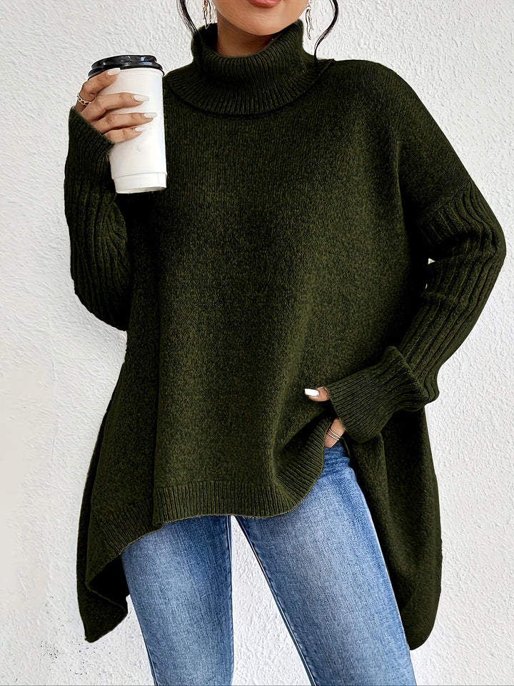 Vera | Oversized Asymmetric-Hem Turtleneck Batwing Knit Sweater