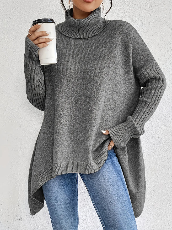 Vera | Oversized Asymmetric-Hem Turtleneck Batwing Knit Sweater