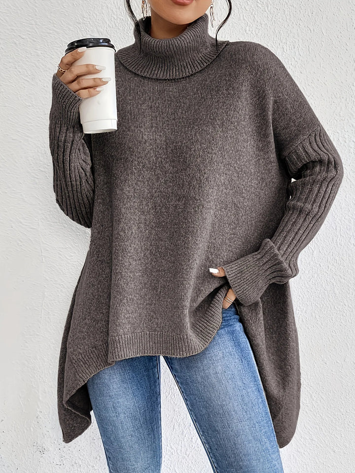 Vera | Oversized Asymmetric-Hem Turtleneck Batwing Knit Sweater