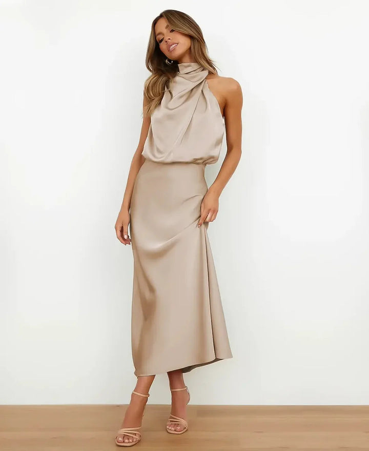 Solene | Draped Halter Neck Satin Midi Dress