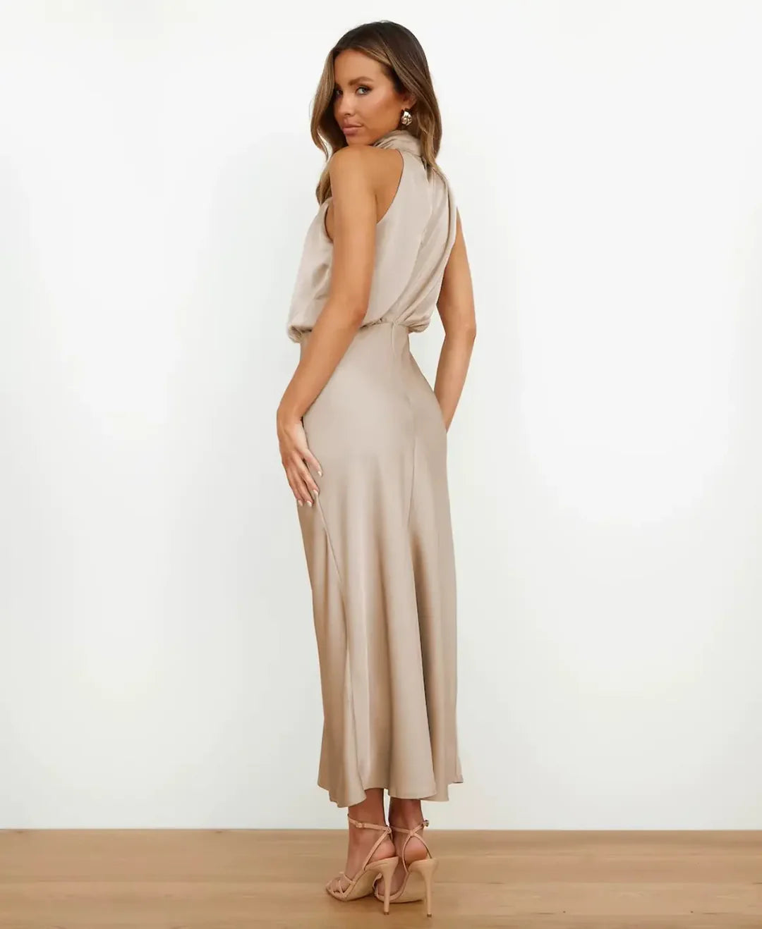 Solene | Draped Halter Neck Satin Midi Dress