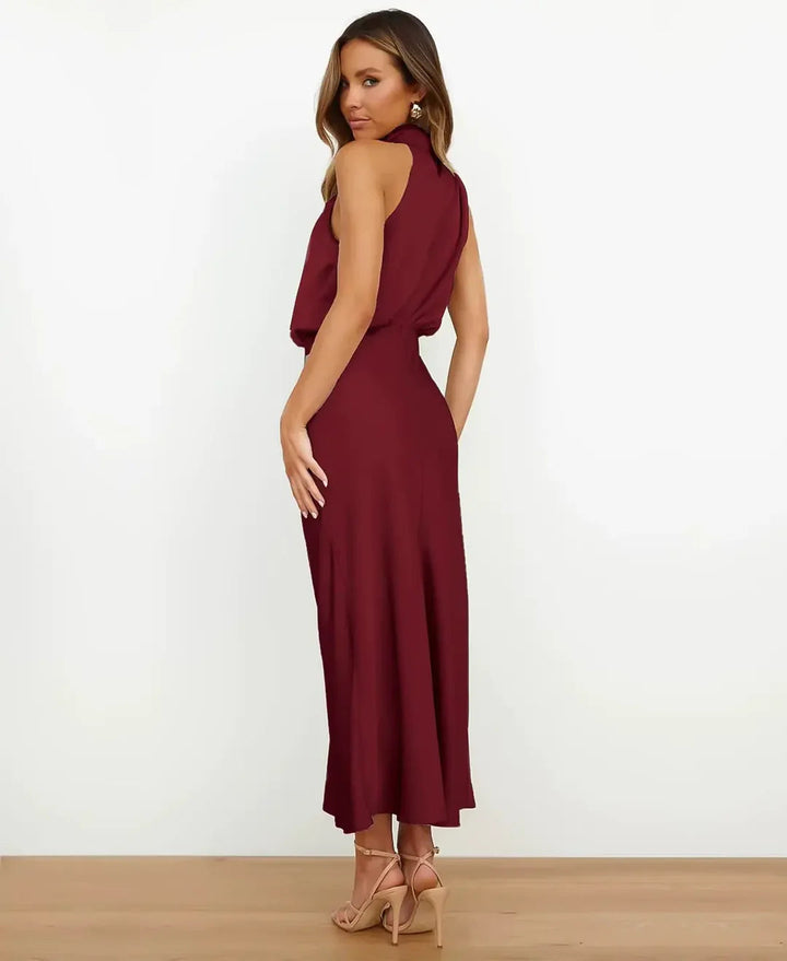 Solene | Draped Halter Neck Satin Midi Dress