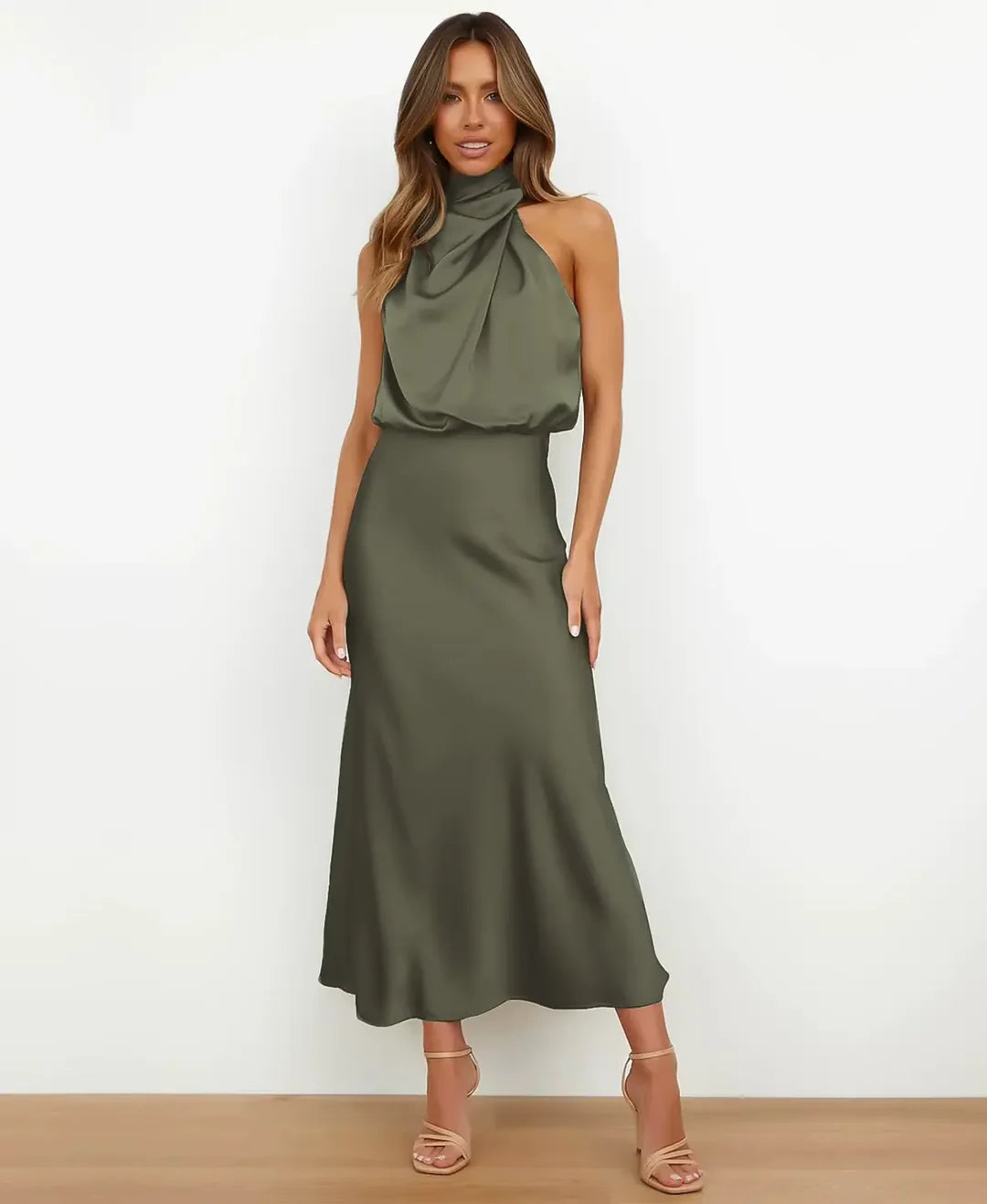 Solene | Draped Halter Neck Satin Midi Dress