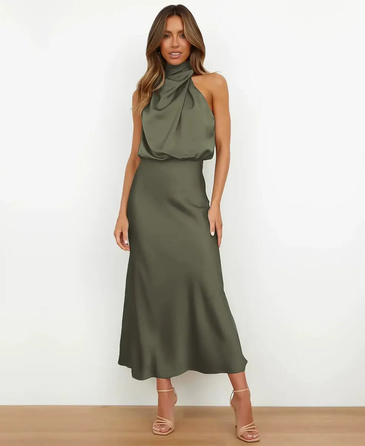 Solene | Draped Halter Neck Satin Midi Dress