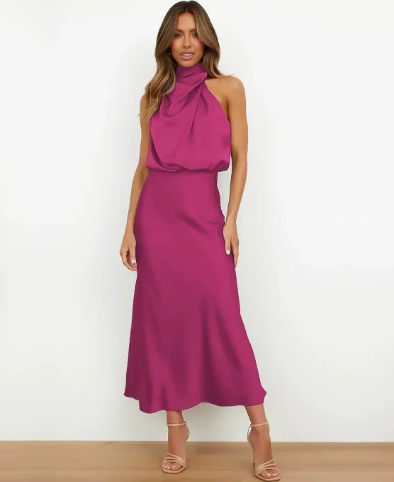 Solene | Draped Halter Neck Satin Midi Dress