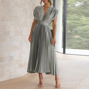 Paulina | Women's Pleated V Neck Maxi Dress Sleeveless