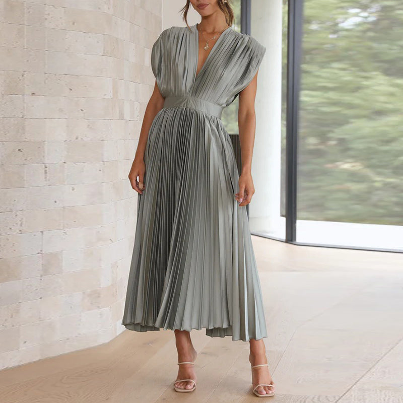 Paulina | Women's Pleated V Neck Maxi Dress Sleeveless