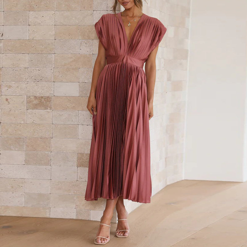 Paulina | Women's Pleated V Neck Maxi Dress Sleeveless