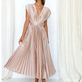 Women's Pleated V Neck Maxi Dress Sleeveless
