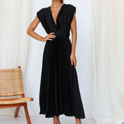 Paulina | Women's Pleated V Neck Maxi Dress Sleeveless