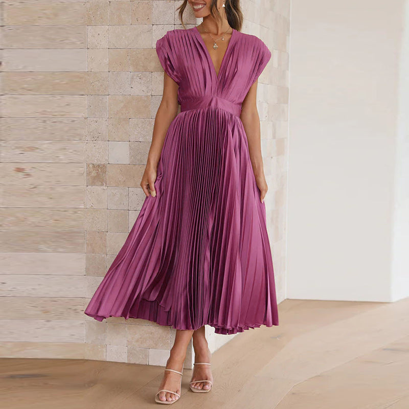 Paulina | Women's Pleated V Neck Maxi Dress Sleeveless