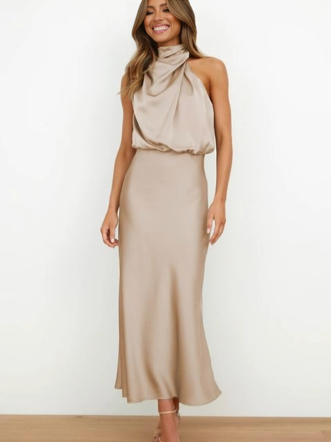 Marchetta | Women's Satin Halter Cocktail Midi Dress