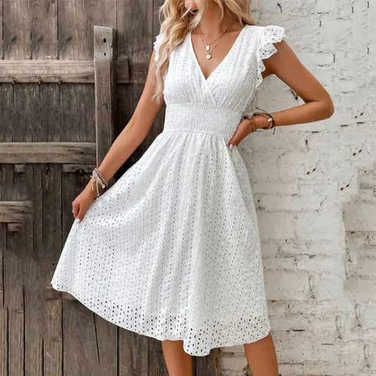 Margit | Women's V Neck Flutter Sleeve Eyelet Lace Midi Dress