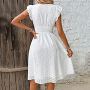 Margit | Women's V Neck Flutter Sleeve Eyelet Lace Midi Dress