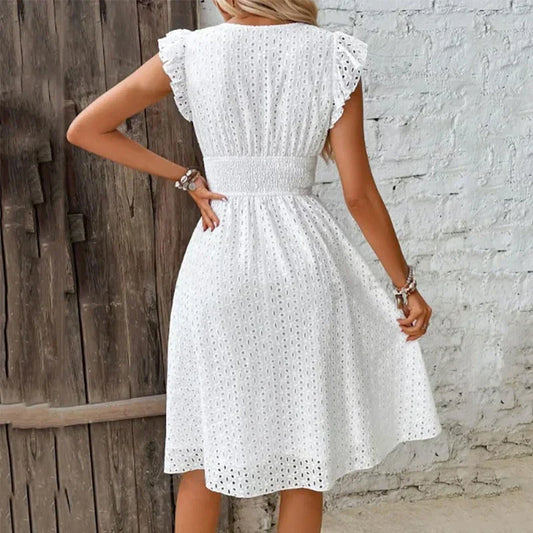 Margit | Women's V Neck Flutter Sleeve Eyelet Lace Midi Dress