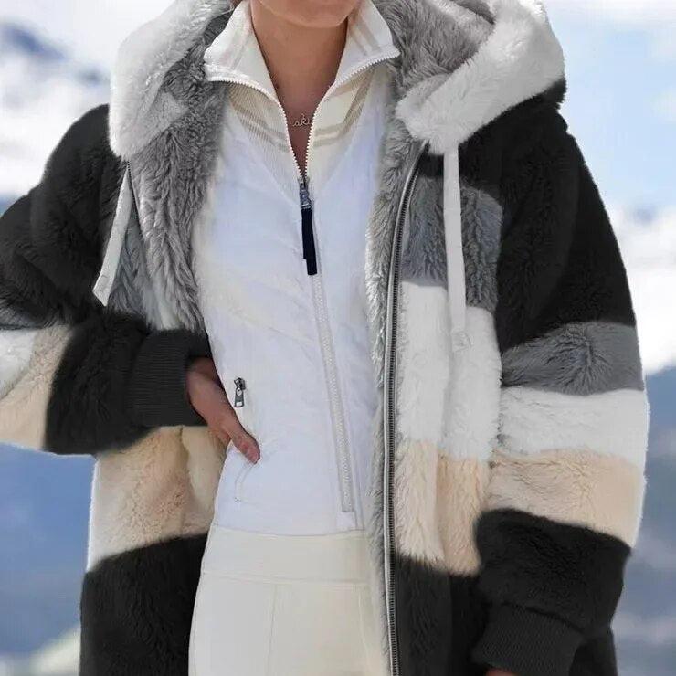 Kirsi | Women's Colour Block Teddy Fleece Hooded Jacket