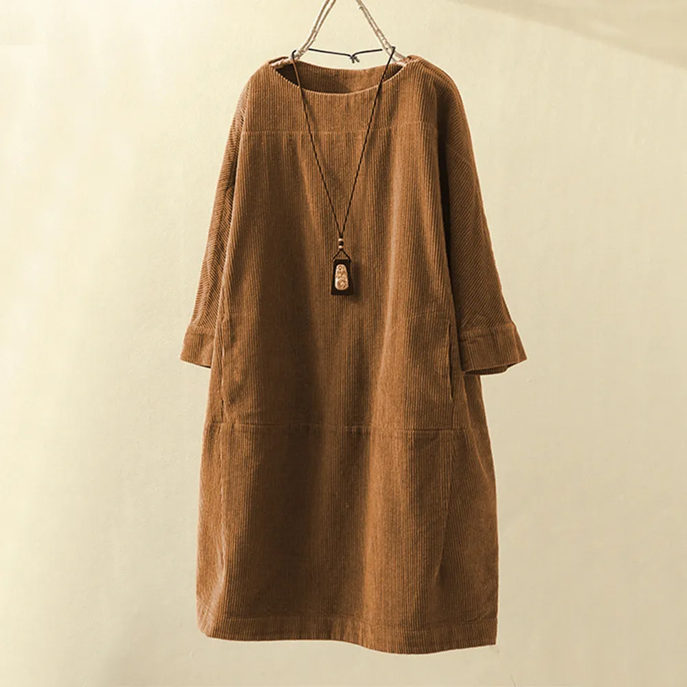 Freya | Women's Corduroy Midi Dress with Pockets