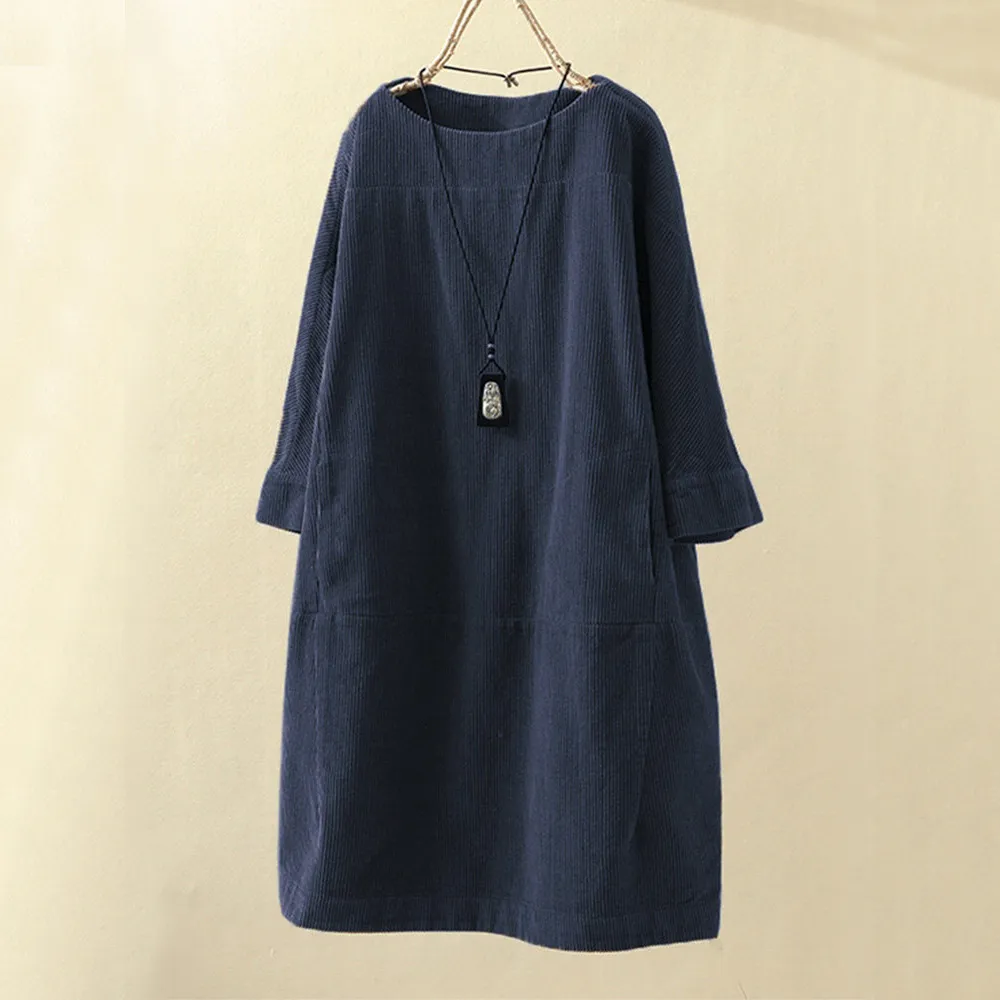 Freya | Women's Corduroy Midi Dress with Pockets