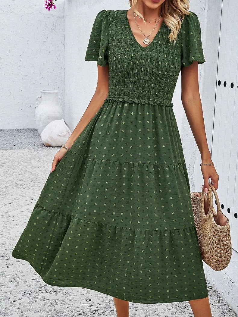 Pauline | Women's Smocked Tiered V Neck Midi Dress