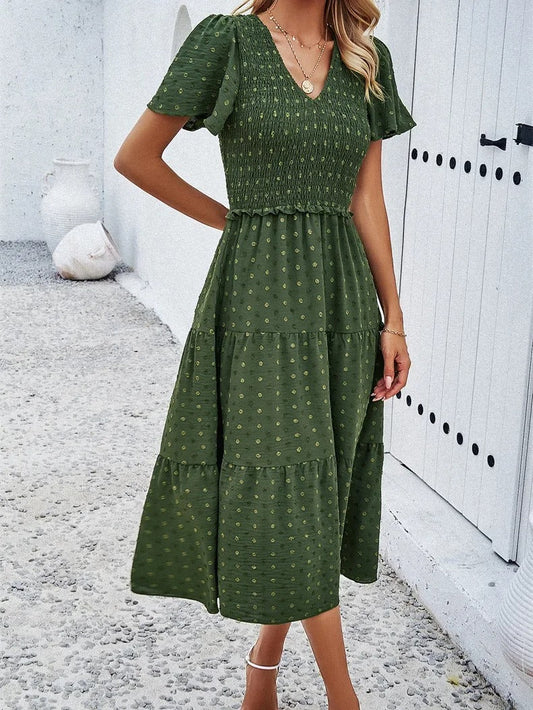 Pauline | Women's Smocked Tiered V Neck Midi Dress