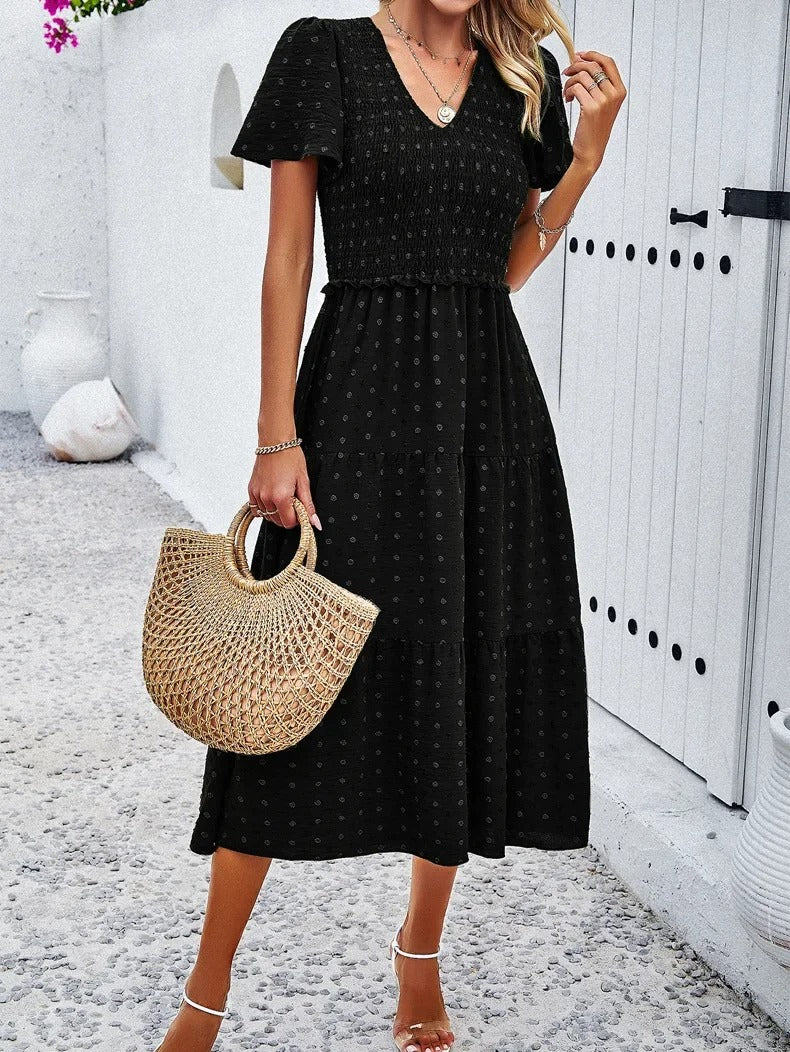Pauline | Women's Smocked Tiered V Neck Midi Dress