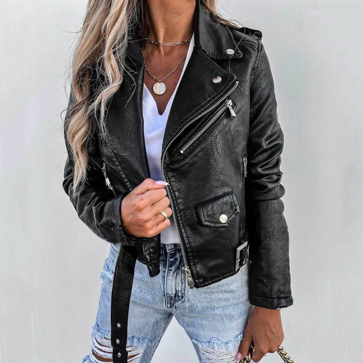 Cara | Belted Faux Leather Biker Jacket