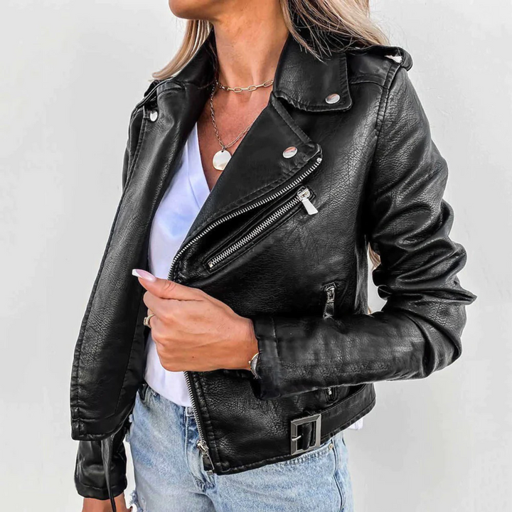 Cara | Belted Faux Leather Biker Jacket