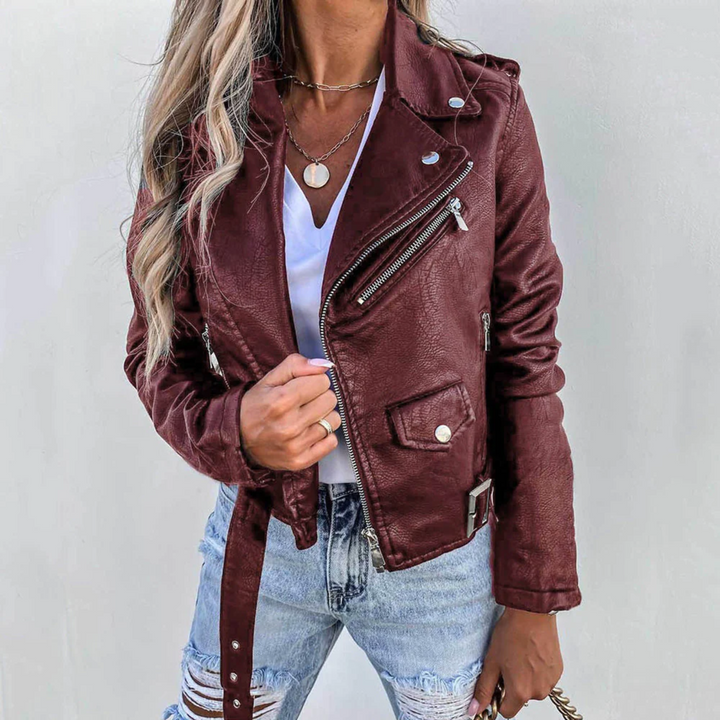 Cara | Belted Faux Leather Biker Jacket