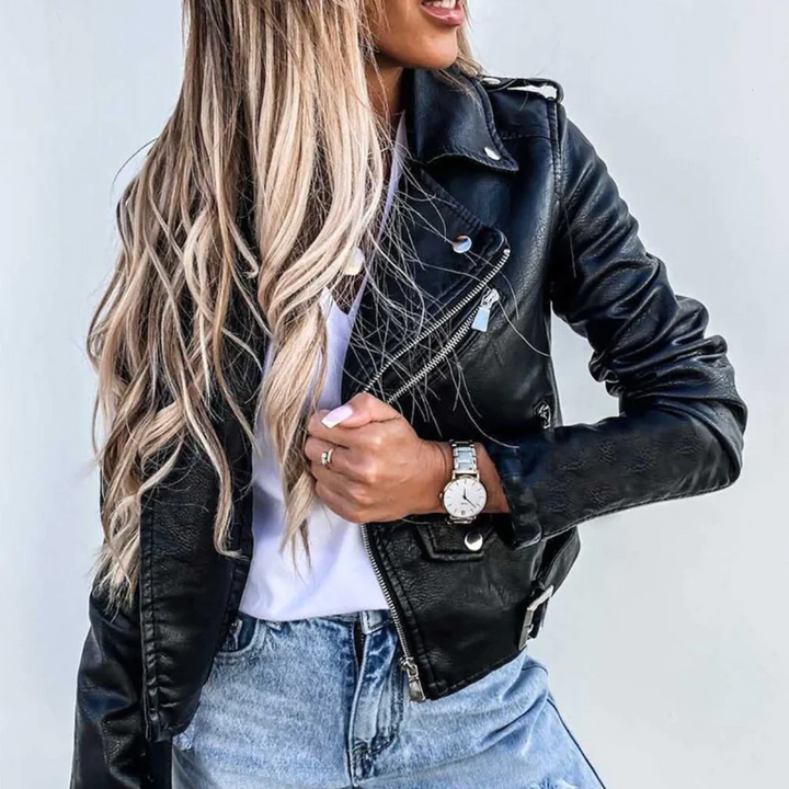 Cara | Belted Faux Leather Biker Jacket