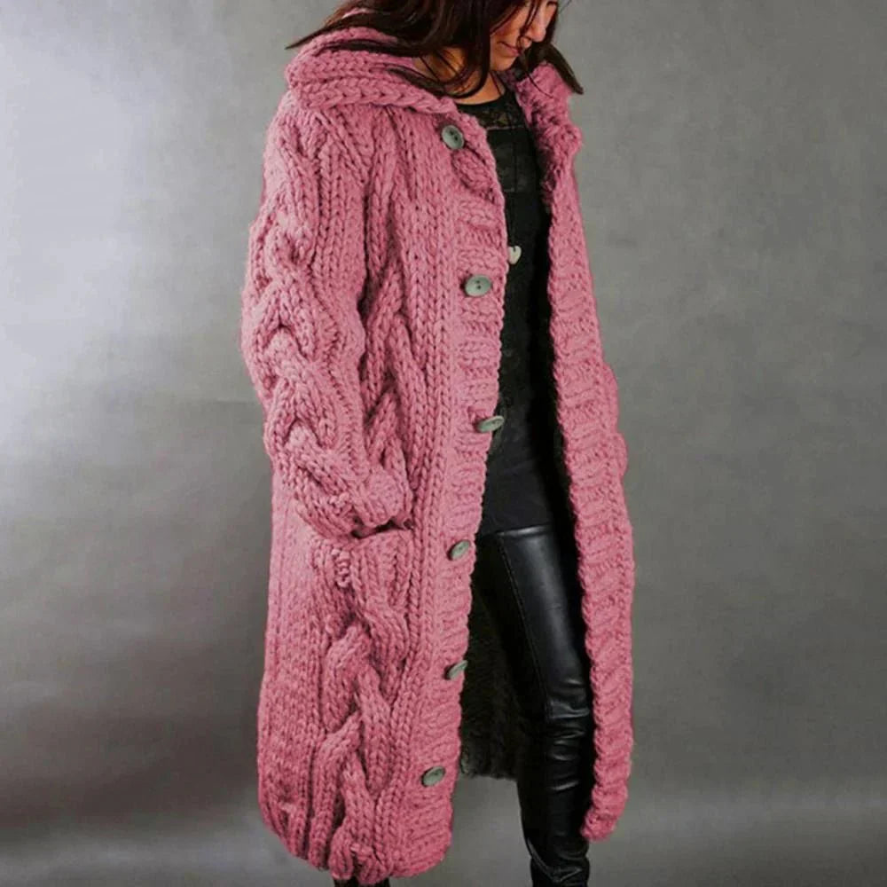 Willa | Hooded Cable-Knit Toggle-Button Longline Cardigan Coat