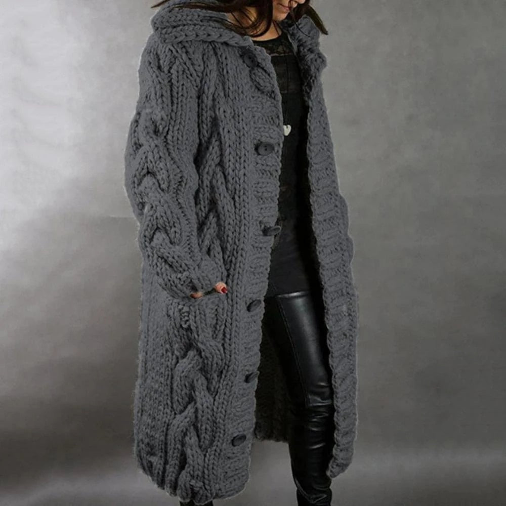 Willa | Hooded Cable-Knit Toggle-Button Longline Cardigan Coat