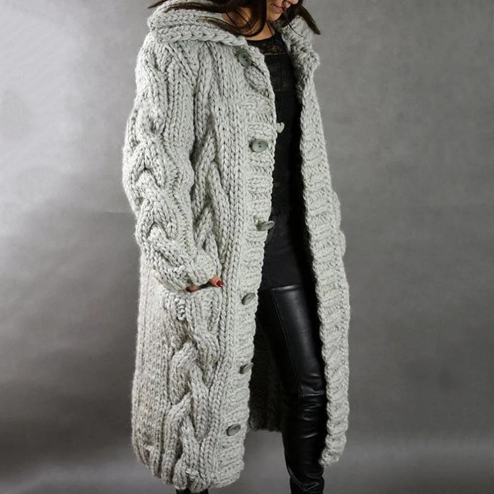 Willa | Hooded Cable-Knit Toggle-Button Longline Cardigan Coat