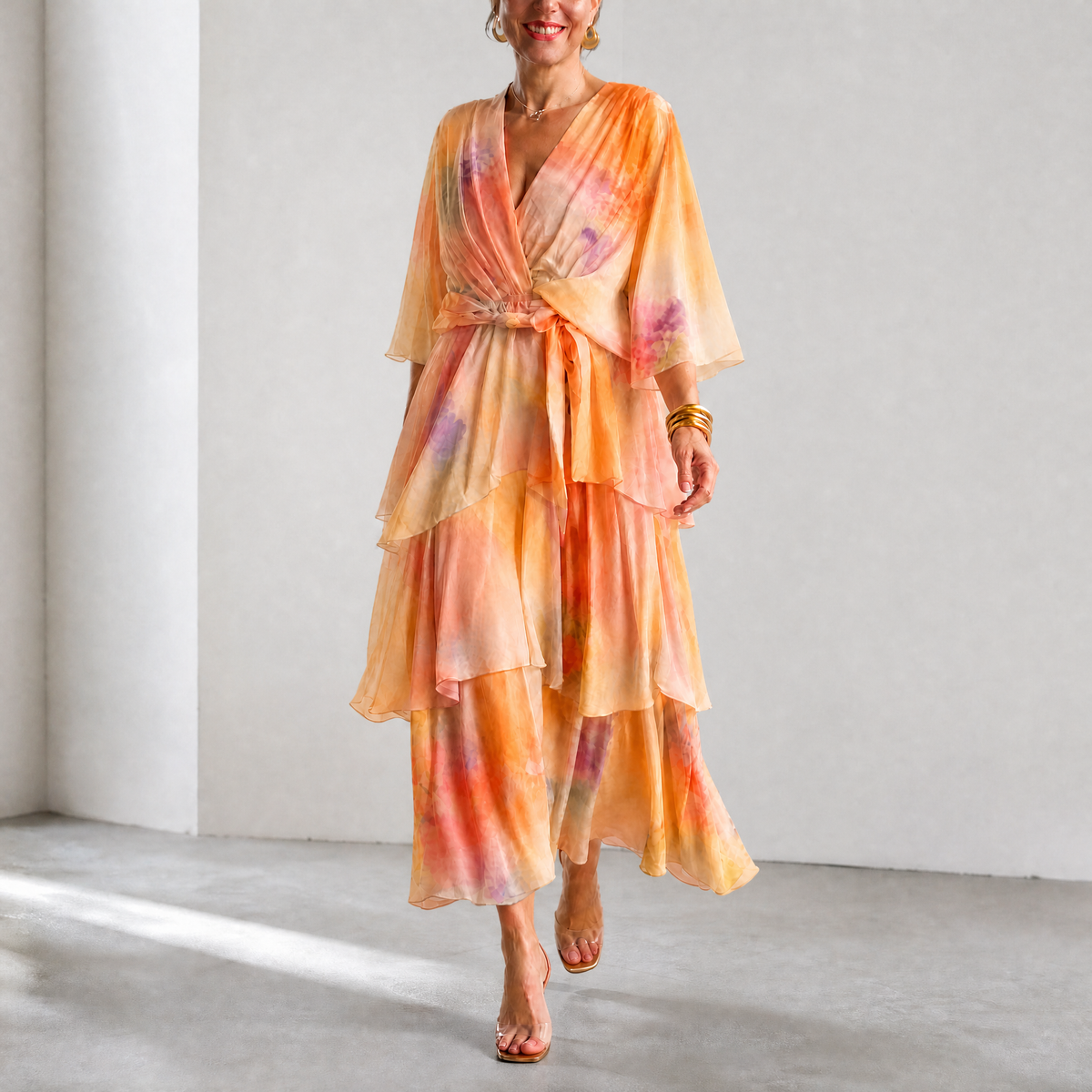Women's Watercolour Tiered Maxi Wedding Guest Dress