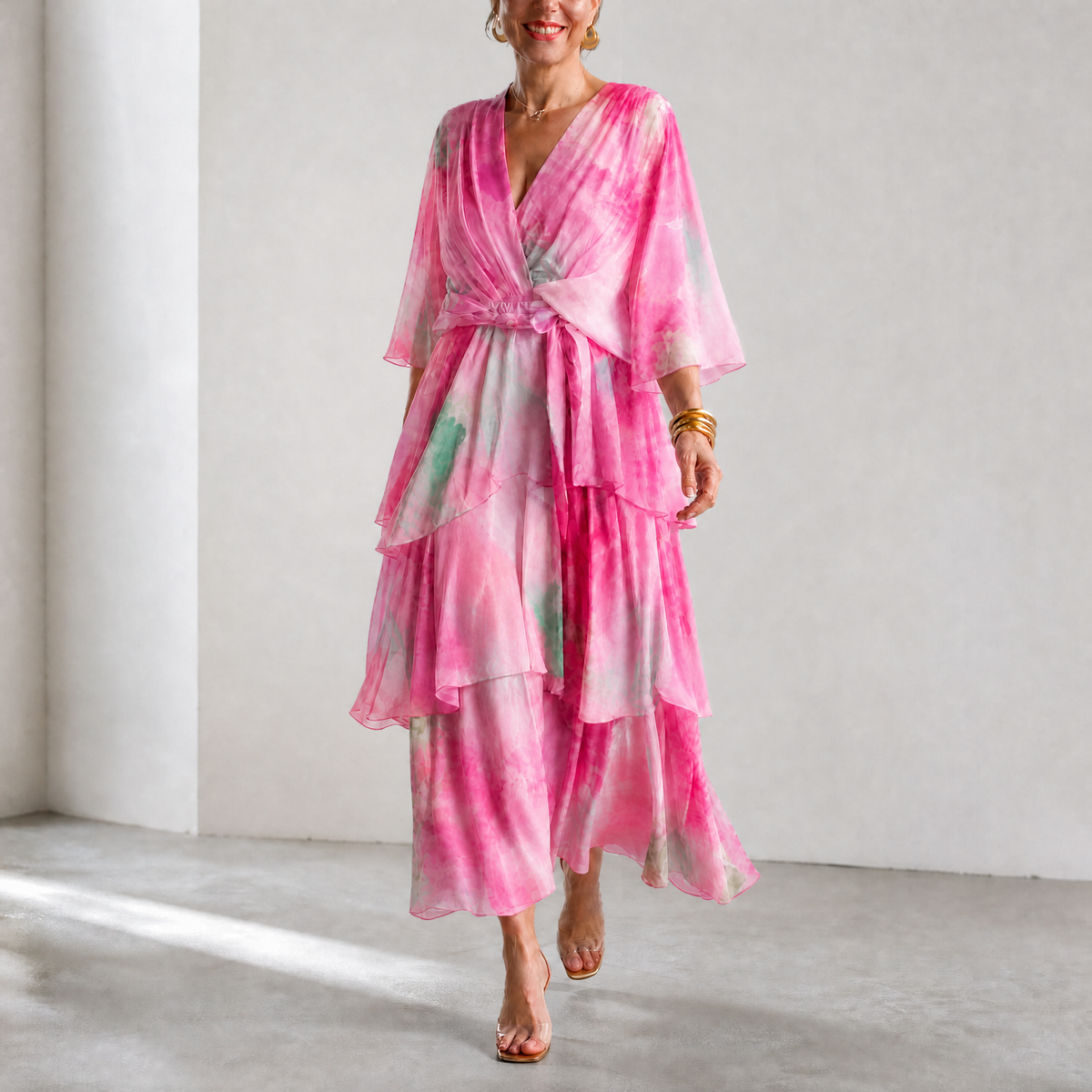 Women's Watercolour Tiered Maxi Wedding Guest Dress