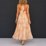 Robe longue d’été pour femme à col licou et motif aquarelle