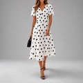 Women's V-Neck Polka Dot Midi Dress with Short Sleeves