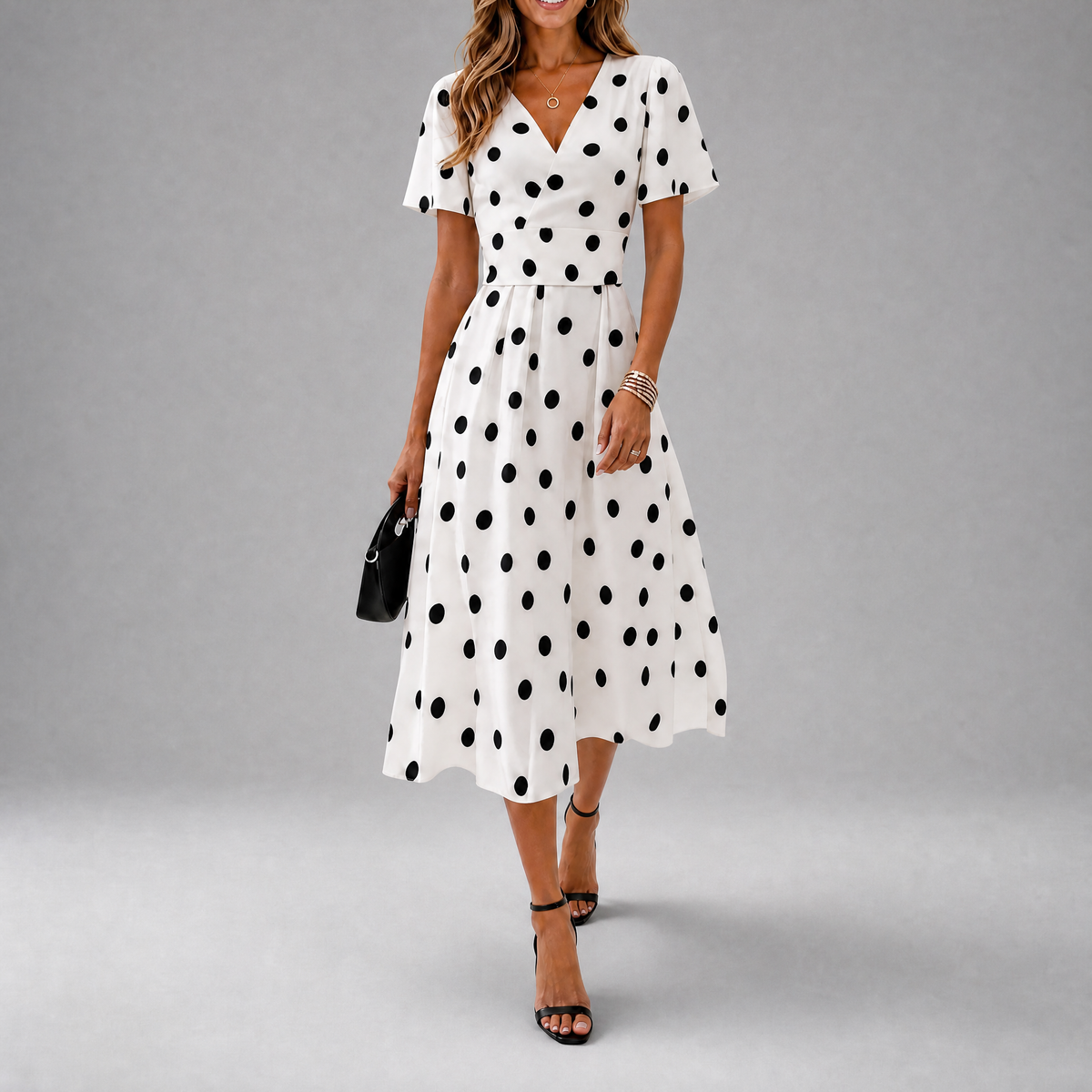 Women's V-Neck Polka Dot Midi Dress with Short Sleeves