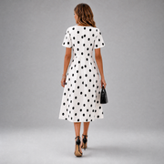 Women's V-Neck Polka Dot Midi Dress with Short Sleeves