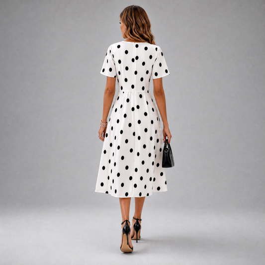 Women's V-Neck Polka Dot Midi Dress with Short Sleeves