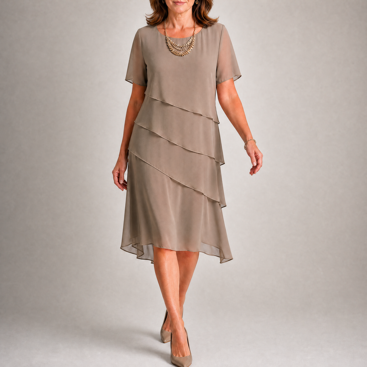 Women's Tiered Short Sleeve Wedding Guest Midi Dress
