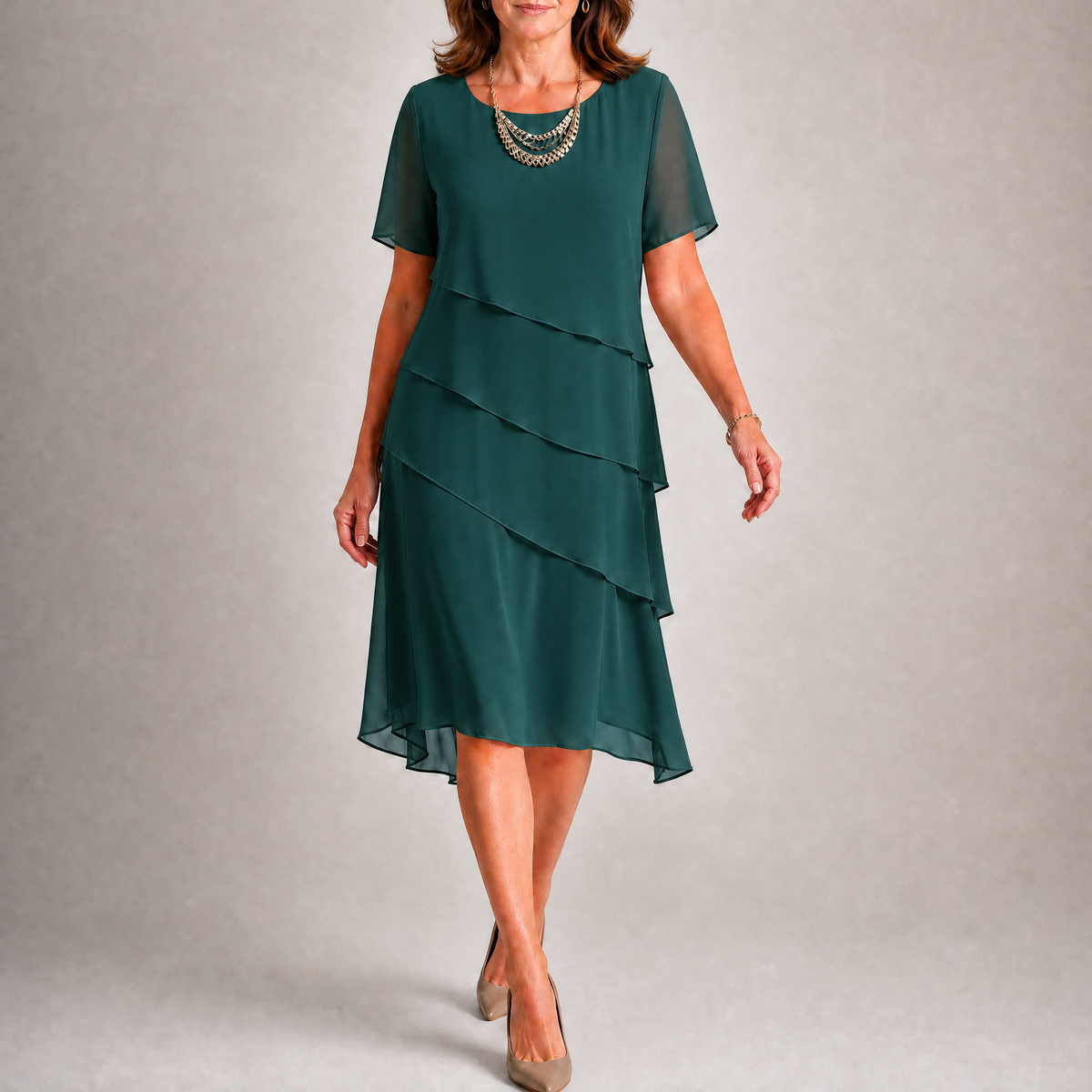 Women's Tiered Short Sleeve Wedding Guest Midi Dress