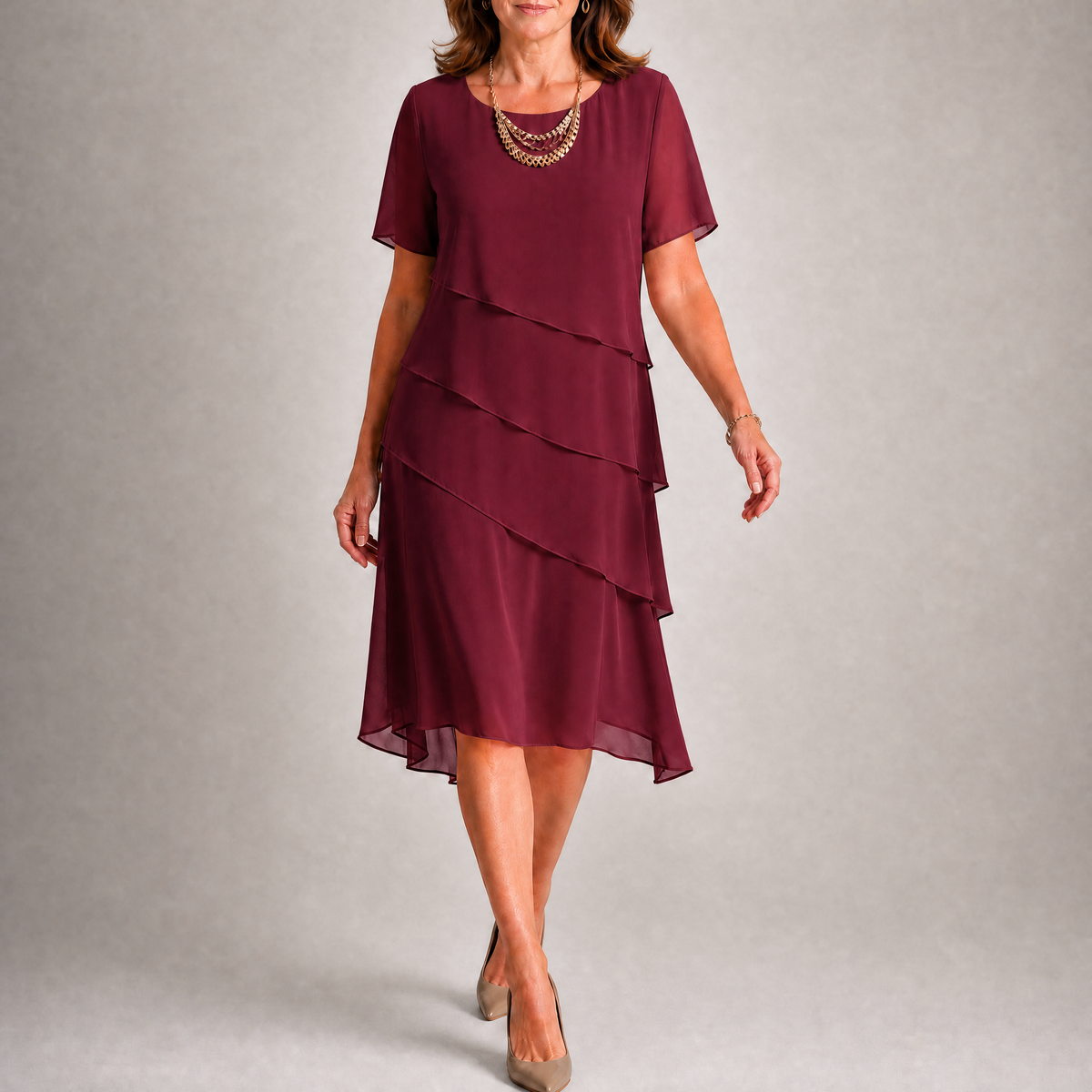 Women's Tiered Short Sleeve Wedding Guest Midi Dress