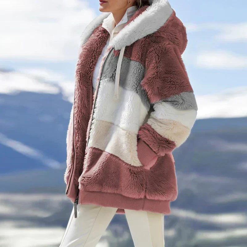 Kirsi | Women's Colour Block Teddy Fleece Hooded Jacket