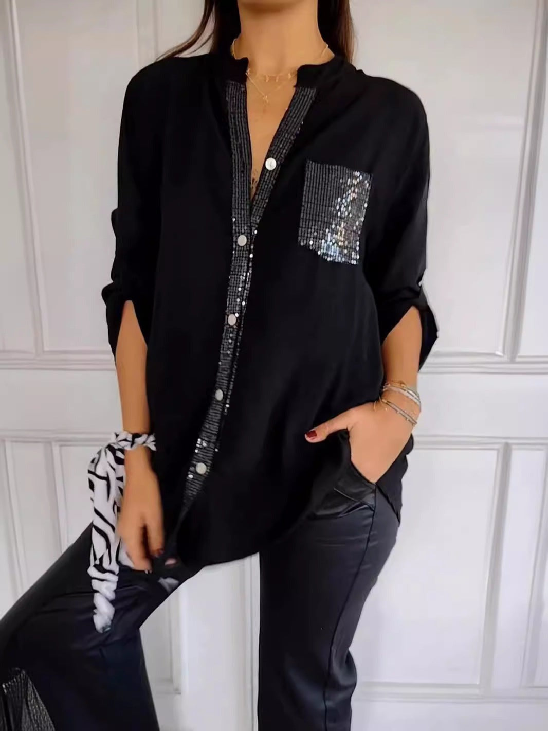 Isolde | Women's Sequin Trim Oversized Shirt