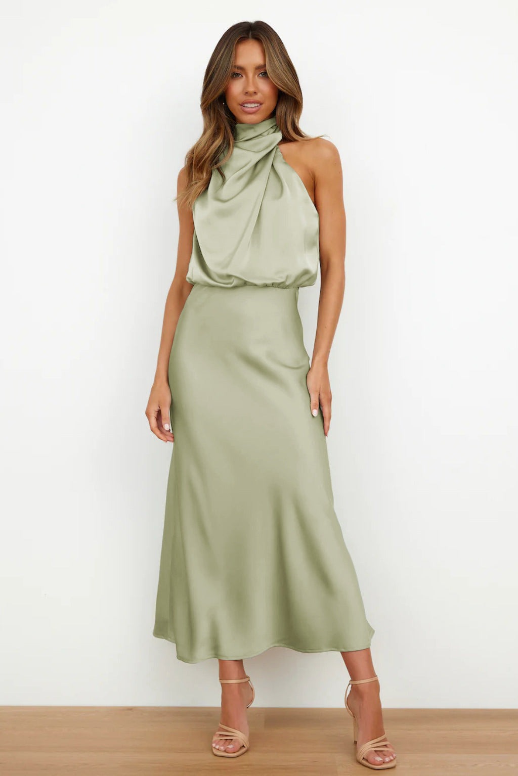 Marchetta | Women's Satin Halter Cocktail Midi Dress