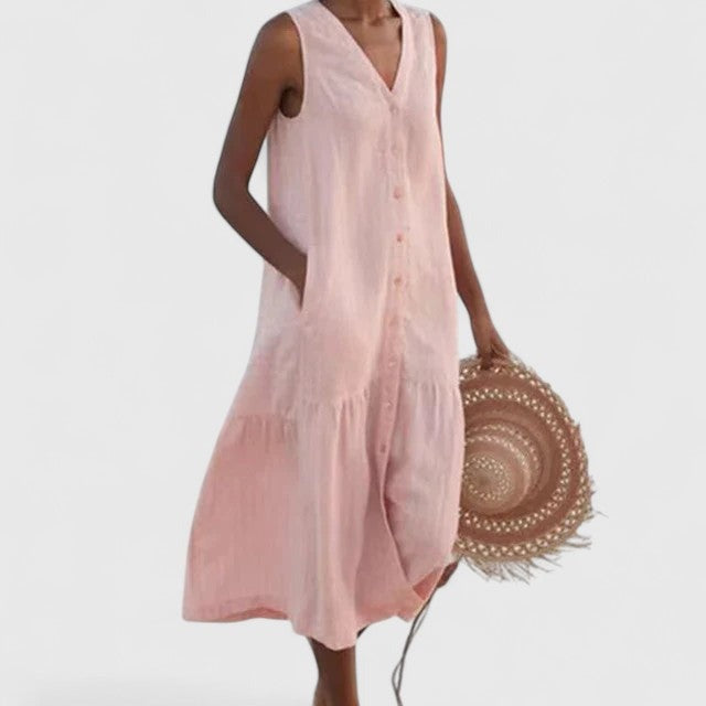 Juliette | Women's Linen Button-Front Summer Midi Dress